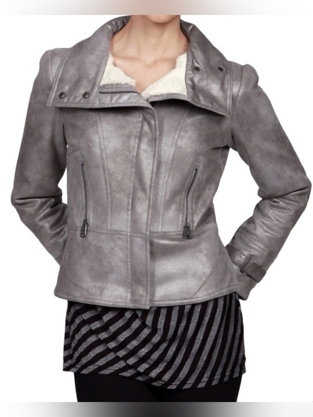 Via Spiga Gray Faux Leather Moto Jacket with Sherpa Collar size XS